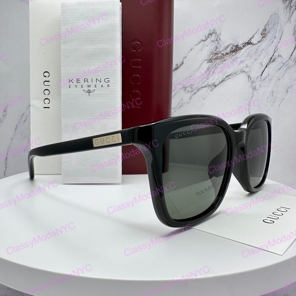New GUCCI Sunglasses Black Square Acetate Gold Plaque Letter Logo 55-19-145 Mens